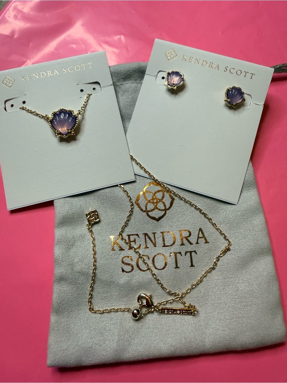 Scott Gold-Tone Necklace and Purple Shell Pendant with Matching Studs